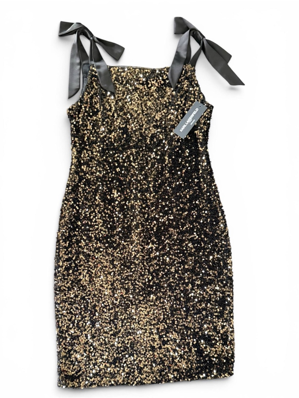 Karl Lagerfeld Paris Women's Sequin Mini Dress Black Gold Tie Strap Sz 12 NWT - Picture 11 of 12